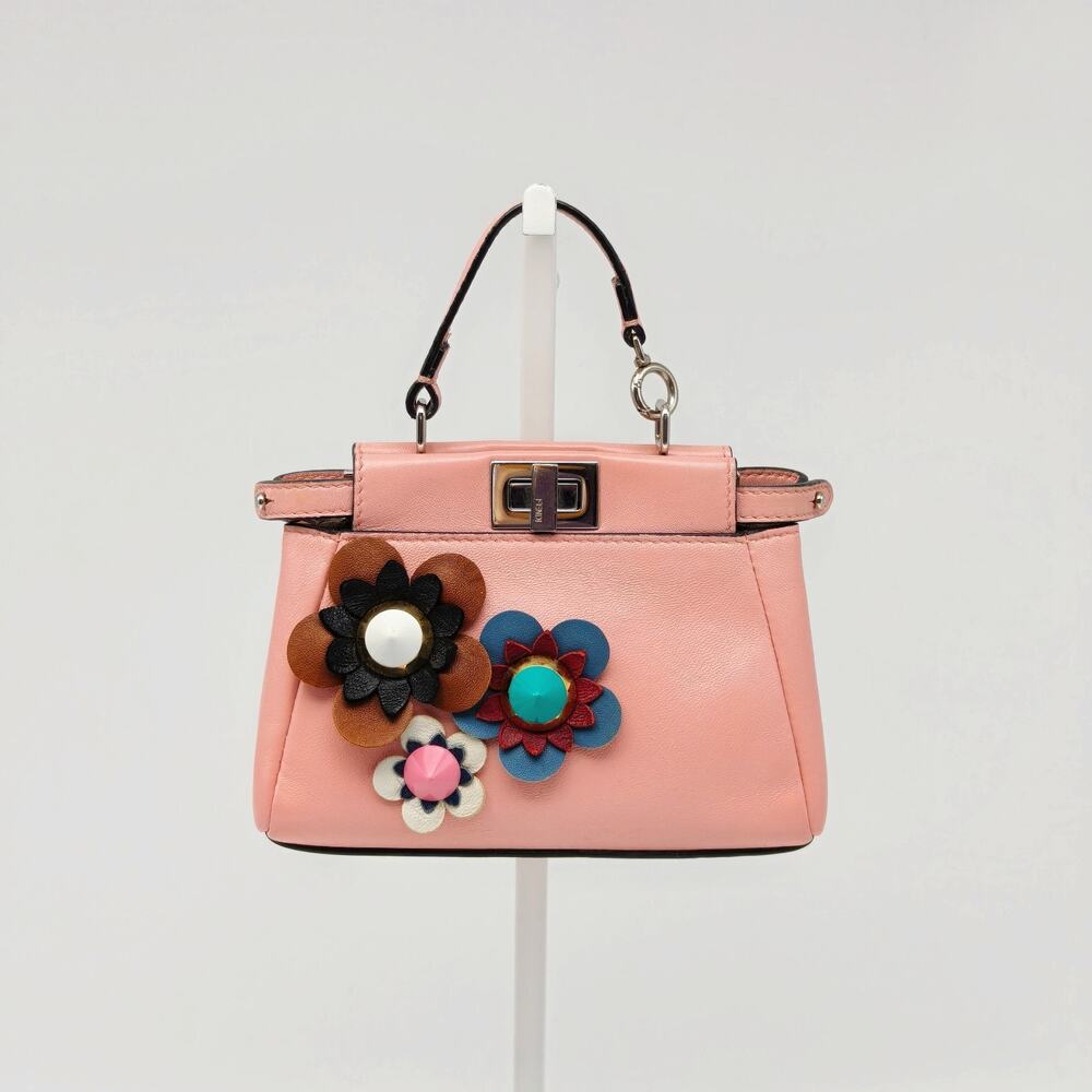 Fendi Micro Peekaboo Flowerland Pink Leather Crossbody Top Handle Bag